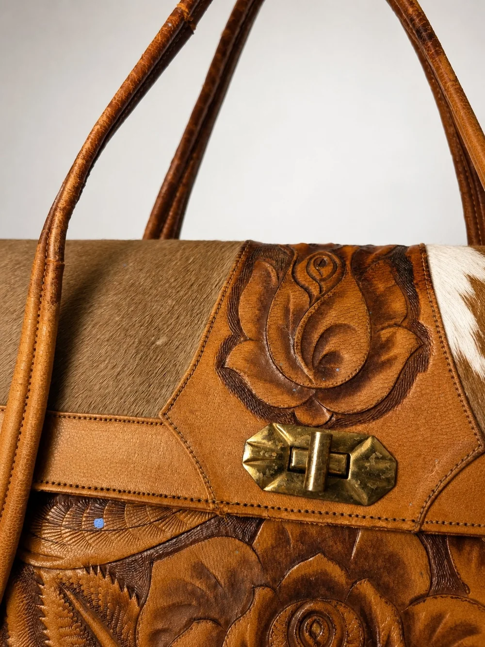 Vintage Handmade Real Calf Hair Leather Purse Bag Floral Mexico Boho Western